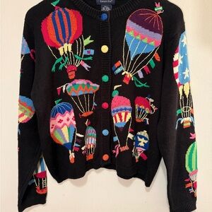 Eagle’s Eye Women’s vintage Black Hot Air Balloon Crewneck Cardigan Sweater